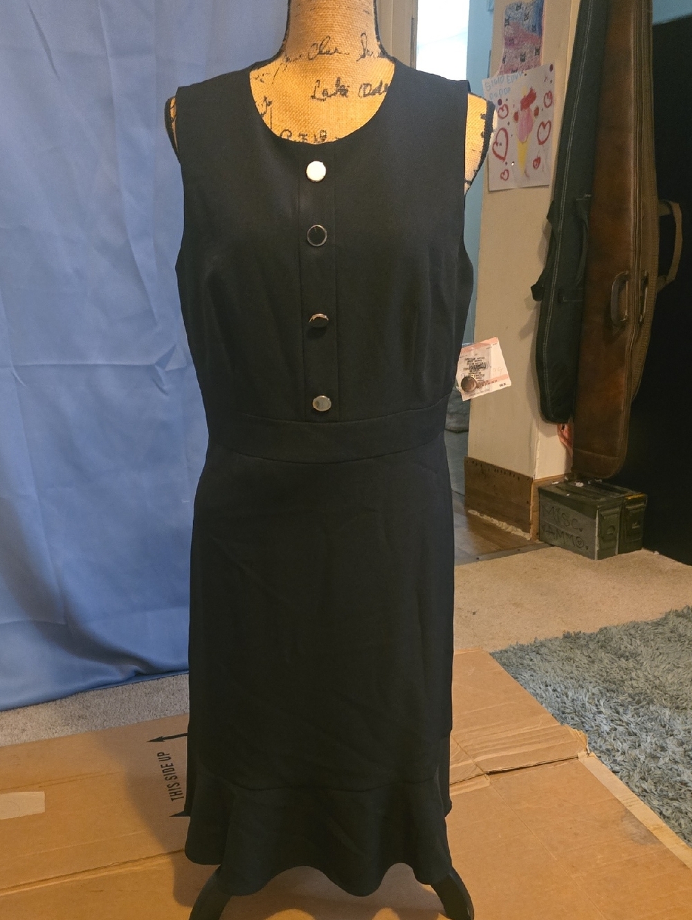 Sleeveless Black Midi Dress with Button-Front Detail